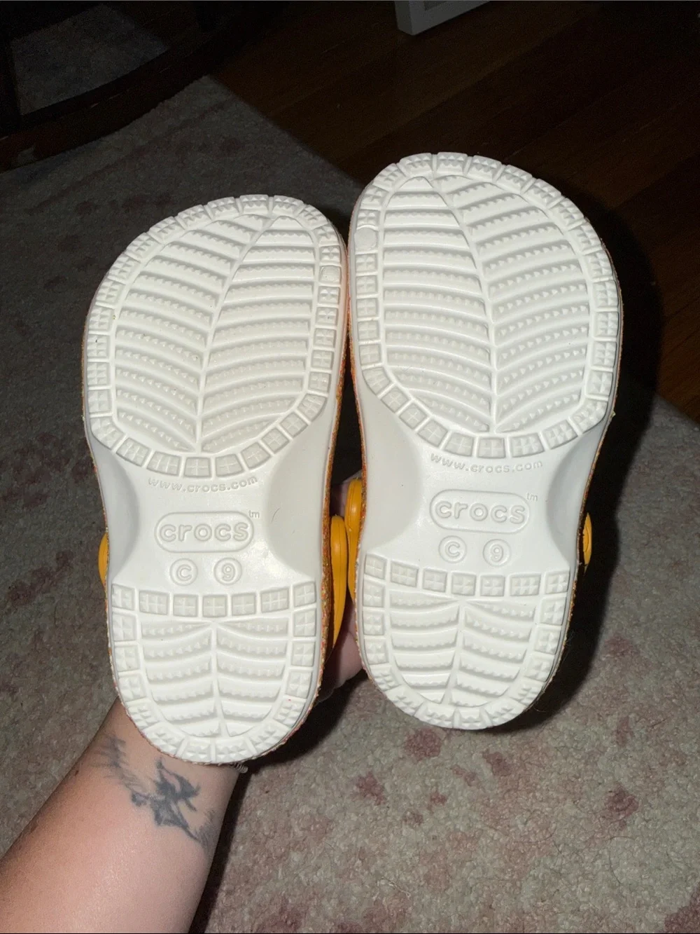 CROCS Kids Glitter Speckled Orange Yellow Clogs NWT